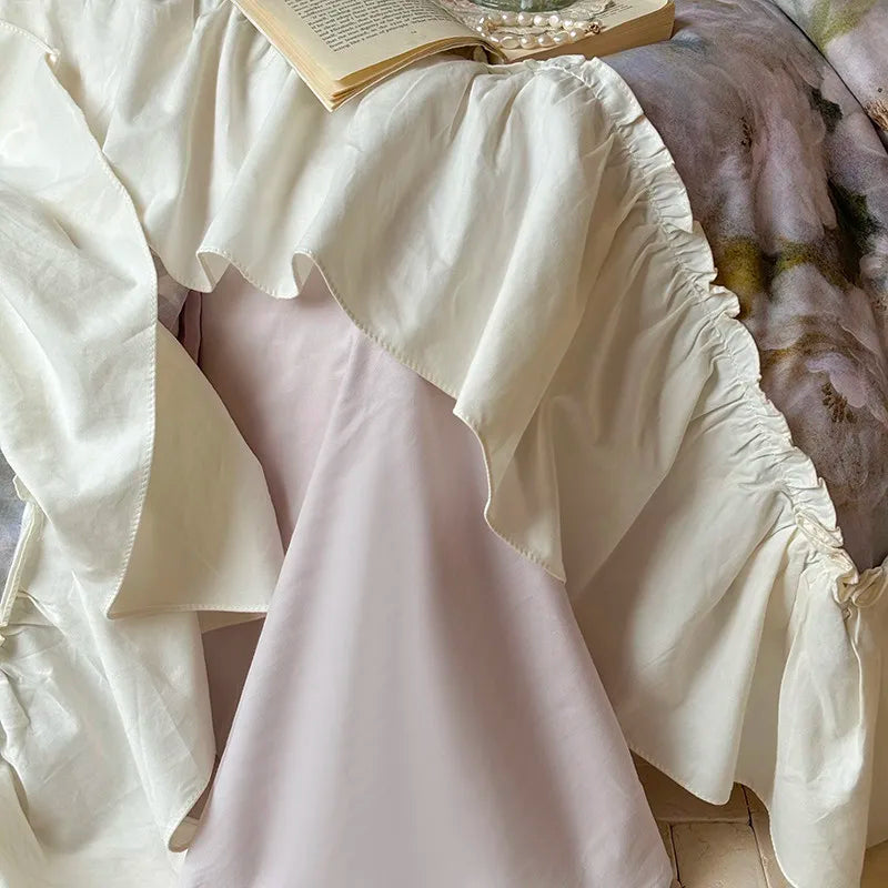 Luxurious  Chic Vintage Rose French Ruffle Fringe Bedding Set 100% Cotton