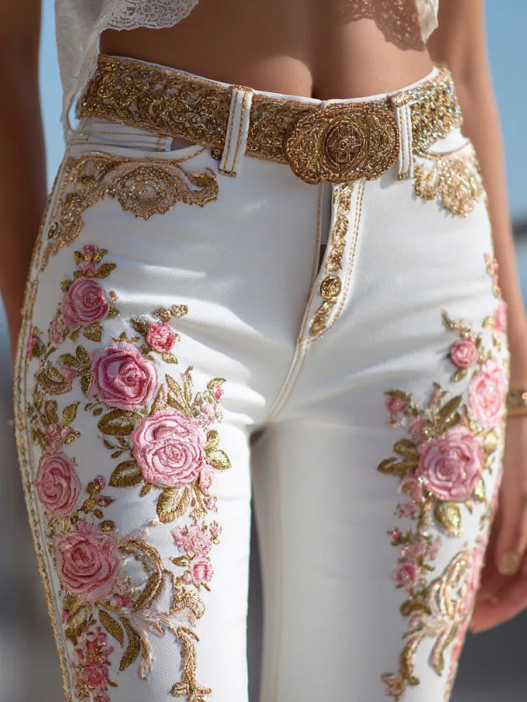 American Style Floral Print Straight Leg Denim Jeans