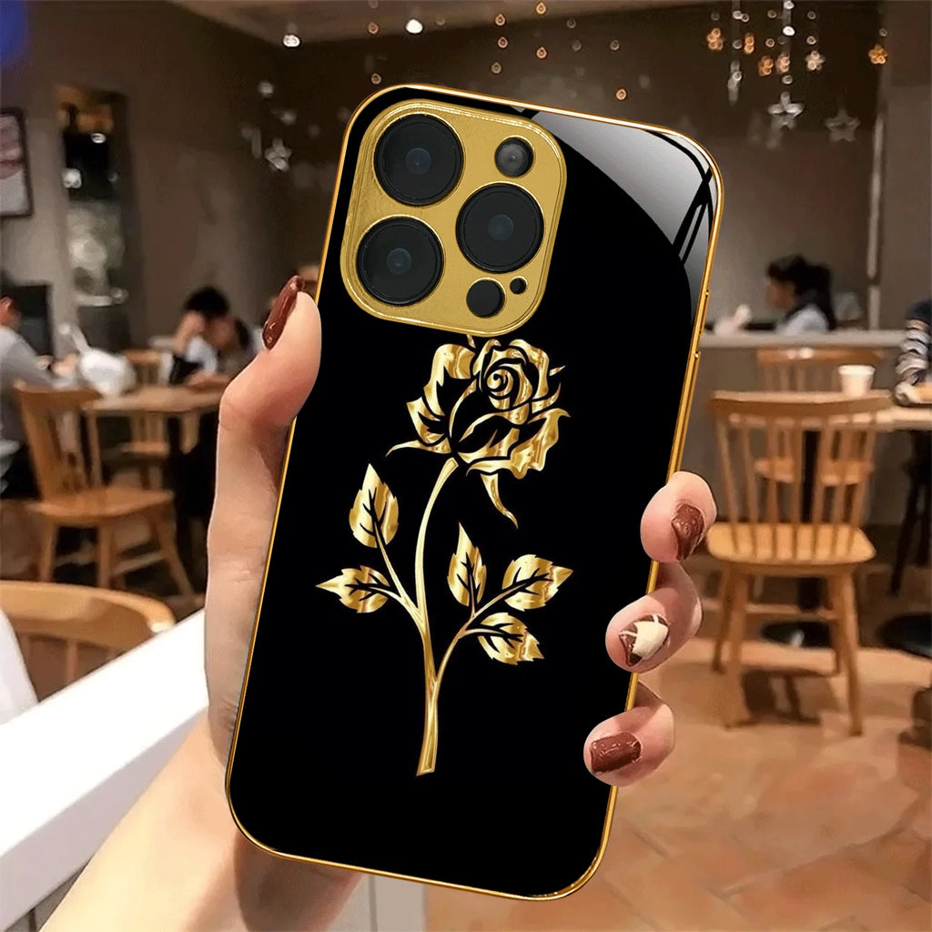 Electroplated Glass Rose Pattern Hard Shell Phone Case For iPhone
