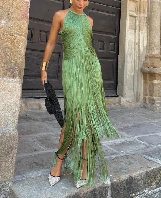 Women 2026 Spring Summer Solid Color Halter Tassel Long Dress