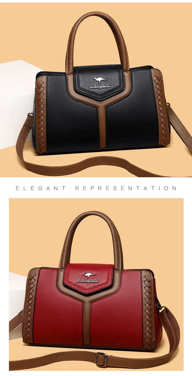 Two Color Genuine Soft Leather 3-layer Top-Handle Bag