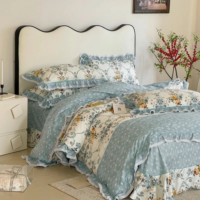 Elegant Ruffle Elegant Vintage Floral Bedding Set 100% Cotton