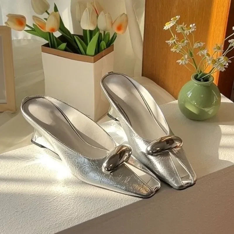 Square Toe Metal Buckle Wedge Retro Baotou Women's Sandals
