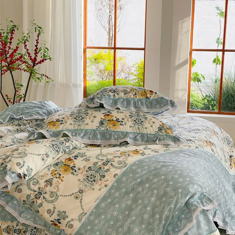Elegant Ruffle Elegant Vintage Floral Bedding Set 100% Cotton