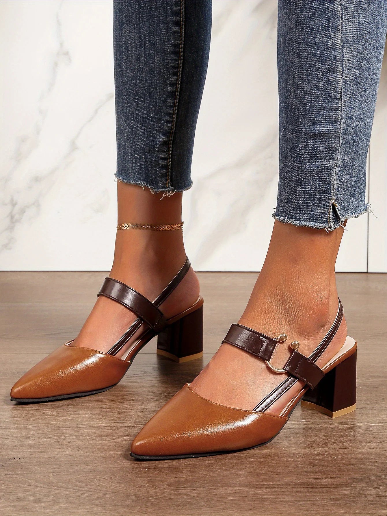 Two-Color Pointed Toe Block Sandals