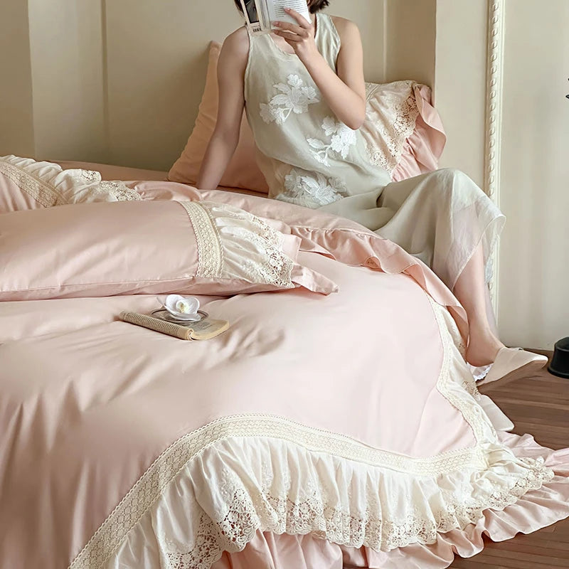 Elegant French Lace Ruffle Bedding Set 100% Cotton