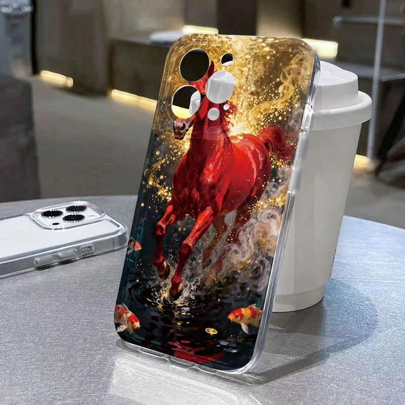 Golden Horse Diamond Printed Phone Case For iPhone