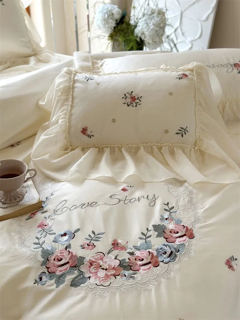 100% Egyptian Cotton Floral Embroidery Luxurious Bedding Set