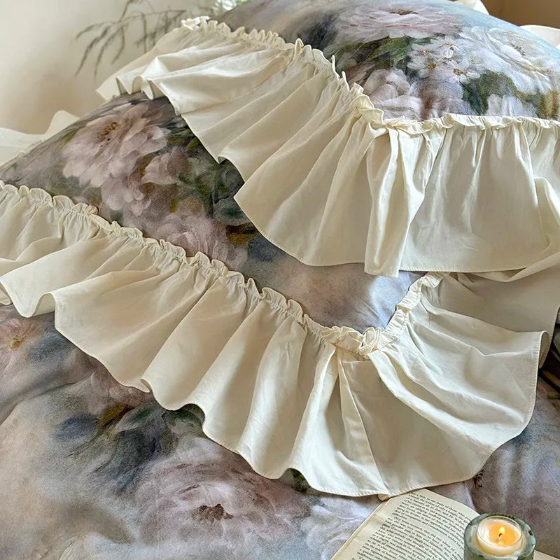Luxurious  Chic Vintage Rose French Ruffle Fringe Bedding Set 100% Cotton