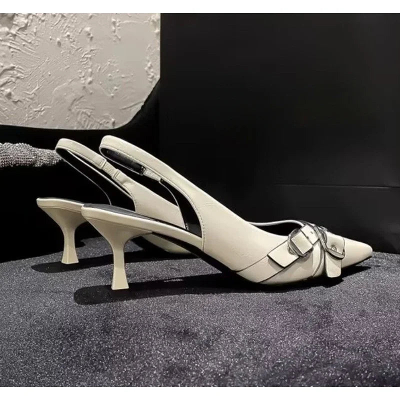 Pointed Toe Buckle Strap Metal High Heeled Kitten Heel Sandals