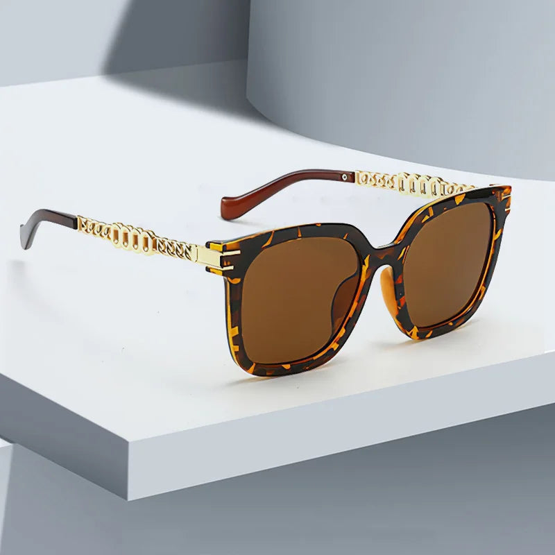 Vintage Golden Chain Embellished Black Square Sunglasses