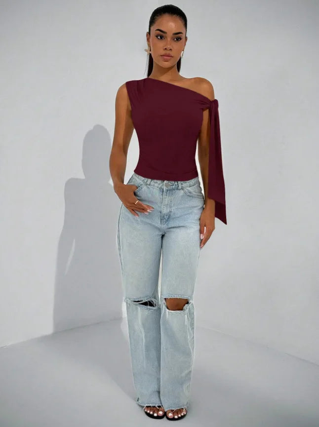 Women’s Elegant Sleeveless Slim Fit Top with Knot Necktie