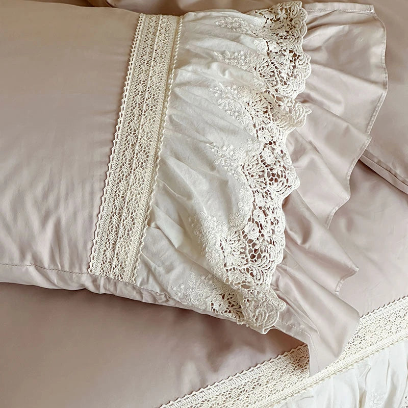 Elegant French Lace Ruffle Bedding Set 100% Cotton