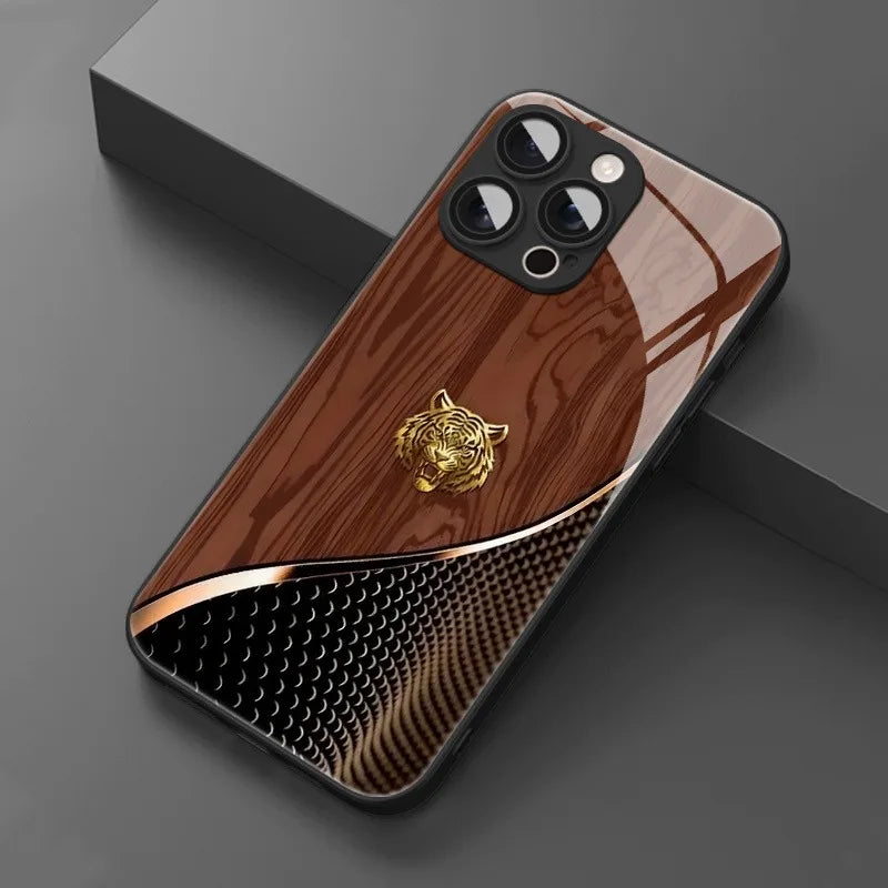 Wood Grain Tiger Head Pattern Tempered Phone Case For iPhone