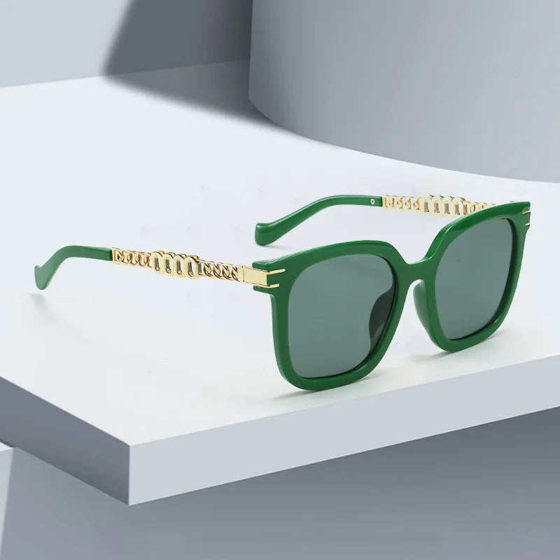 Vintage Golden Chain Embellished Black Square Sunglasses