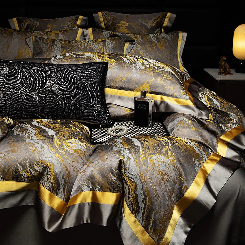 Luxury Black Gold Satin Jacquard Bedding Set 1000TC Cotton