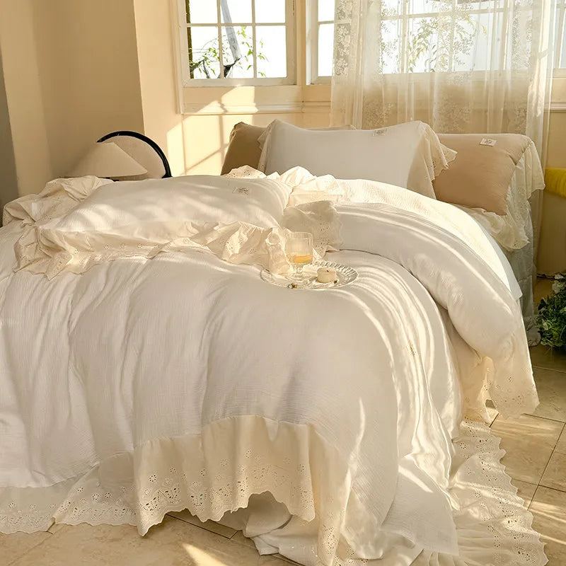 Elegant Wide Lace Solid Bedding Set