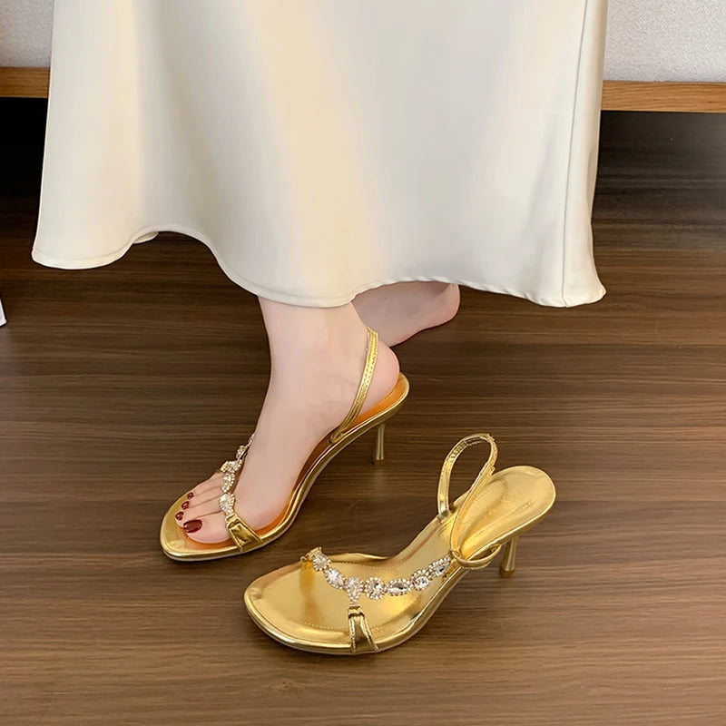 Women’s High Heel Sandals with Gem Chain Strap