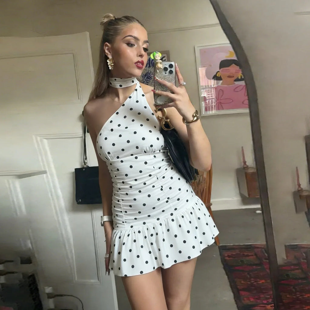 Polka Dot One Shoulder Ruched Waist Bodycon Mini Dress