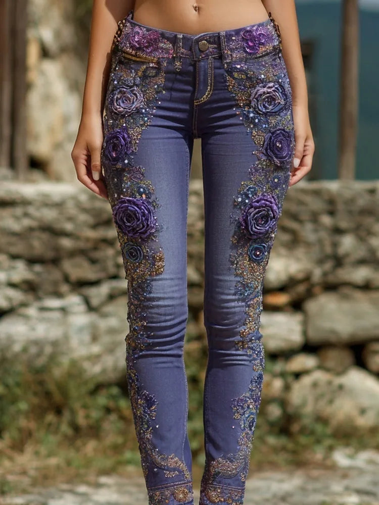 American Style Floral Print Straight Leg Denim Jeans