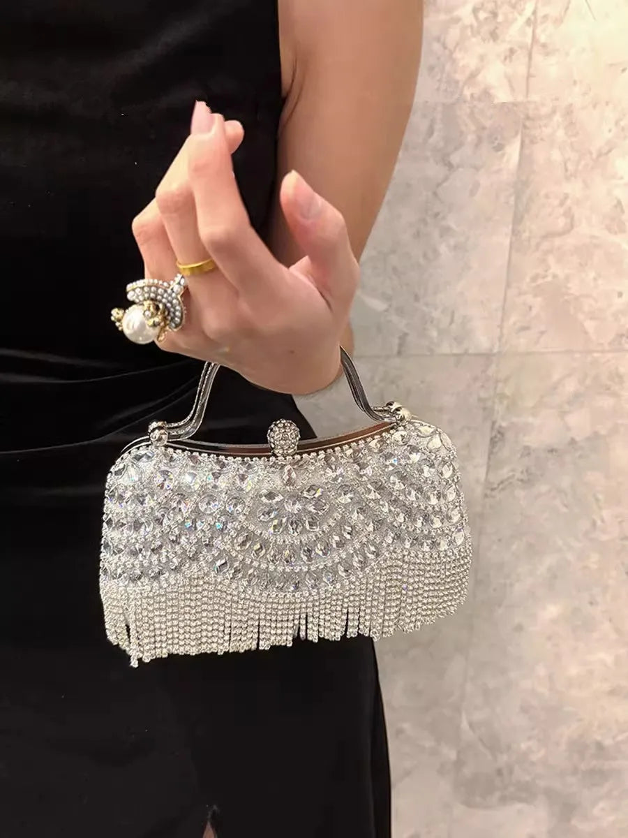 Diamond Evening Gold Clutch Tassel Bag