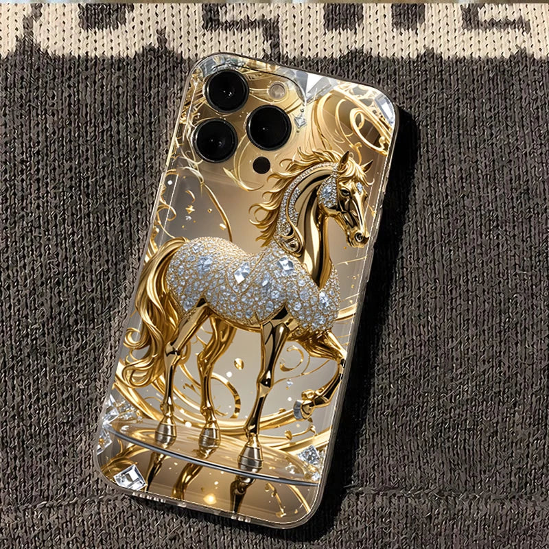 Golden Horse Diamond Printed Phone Case For iPhone