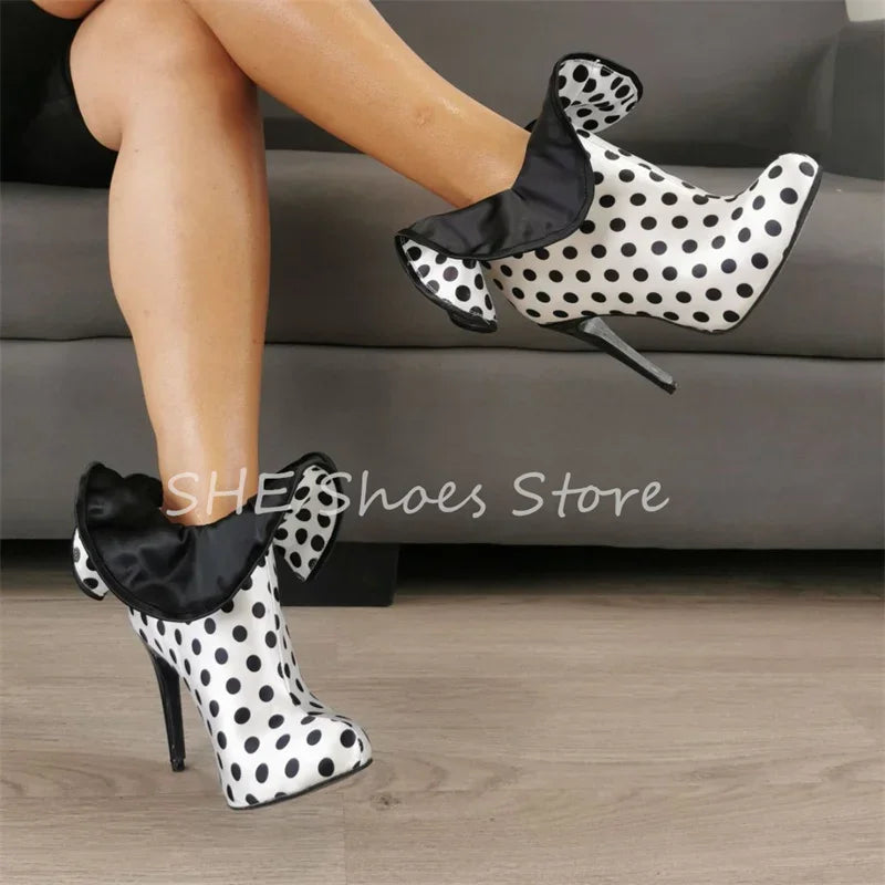 Women’s Polka Dot Ruffle Decor Leather Boots