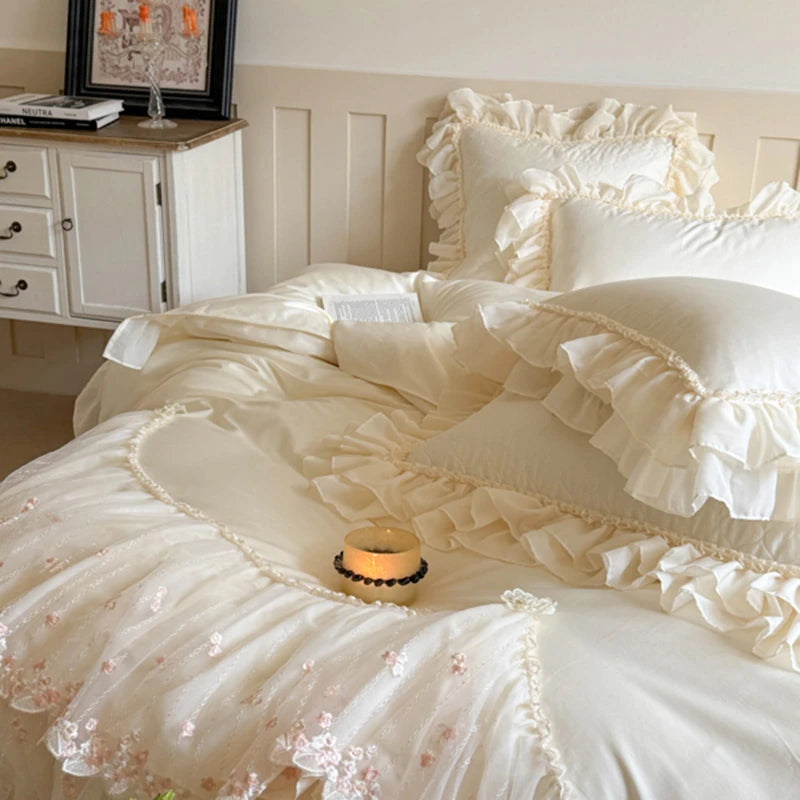 Elegant White/Pink Lace Ruffle Egyptian Cotton Bedding Set