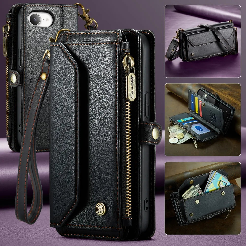 Leather Strap Zipper Card Holder Phone Wallet  Case for iPhone