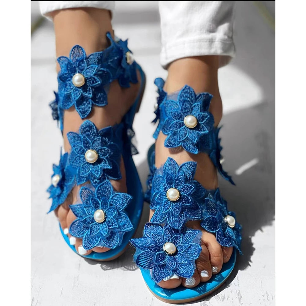 Beautiful Summer Ring Flower Flat Sandals