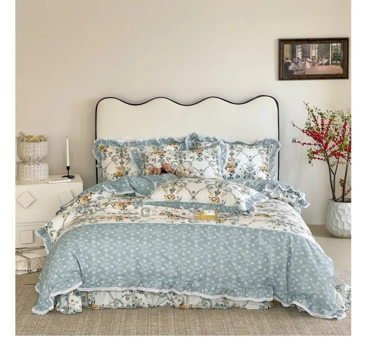 Elegant Ruffle Elegant Vintage Floral Bedding Set 100% Cotton
