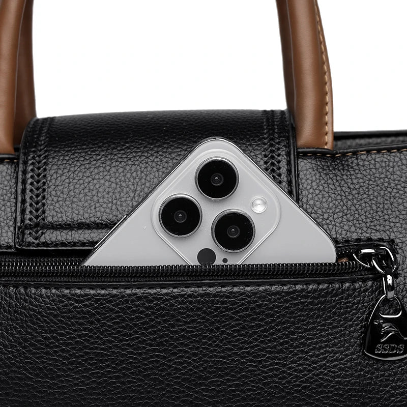 Two Color Genuine Soft Leather 3-layer Top-Handle Bag