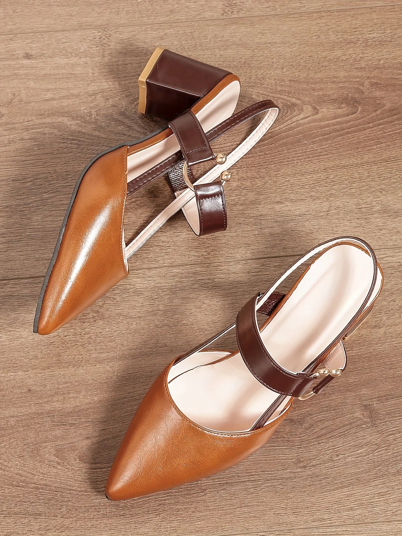 Two-Color Pointed Toe Block Sandals