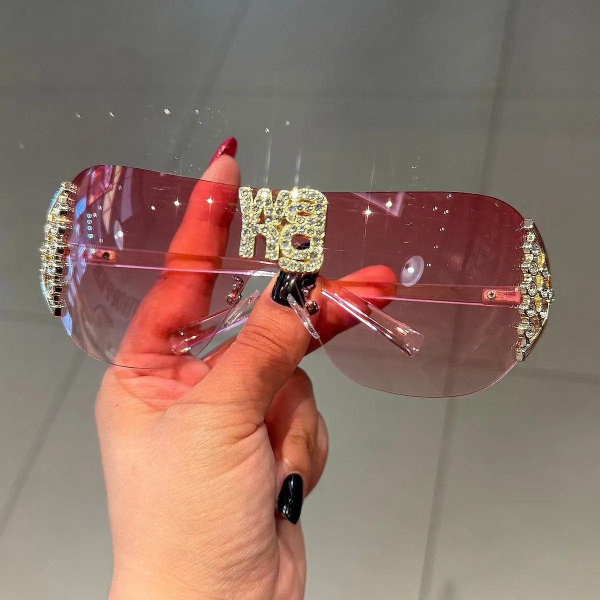 Rimless Women's Sunglasses with Rhinestone Letters