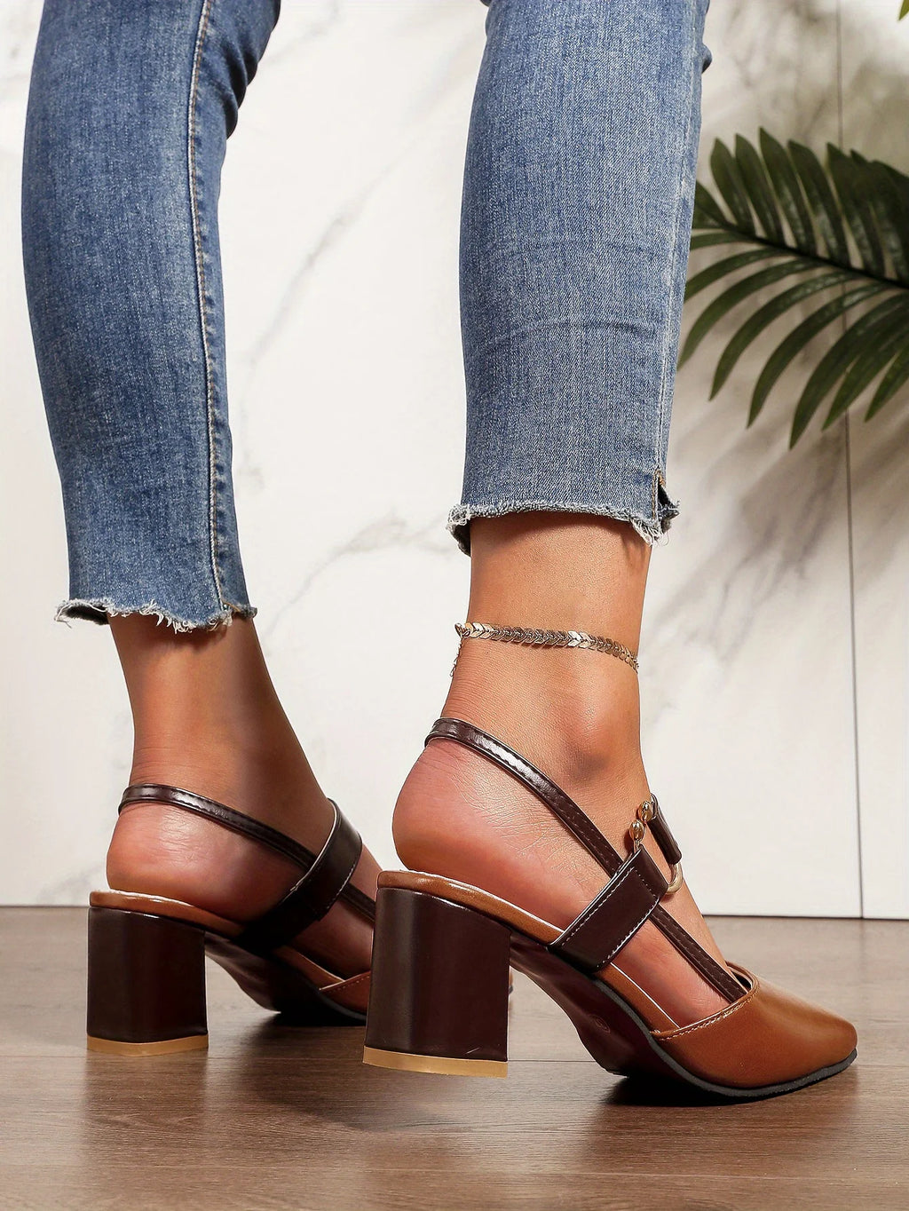 Two-Color Pointed Toe Block Sandals