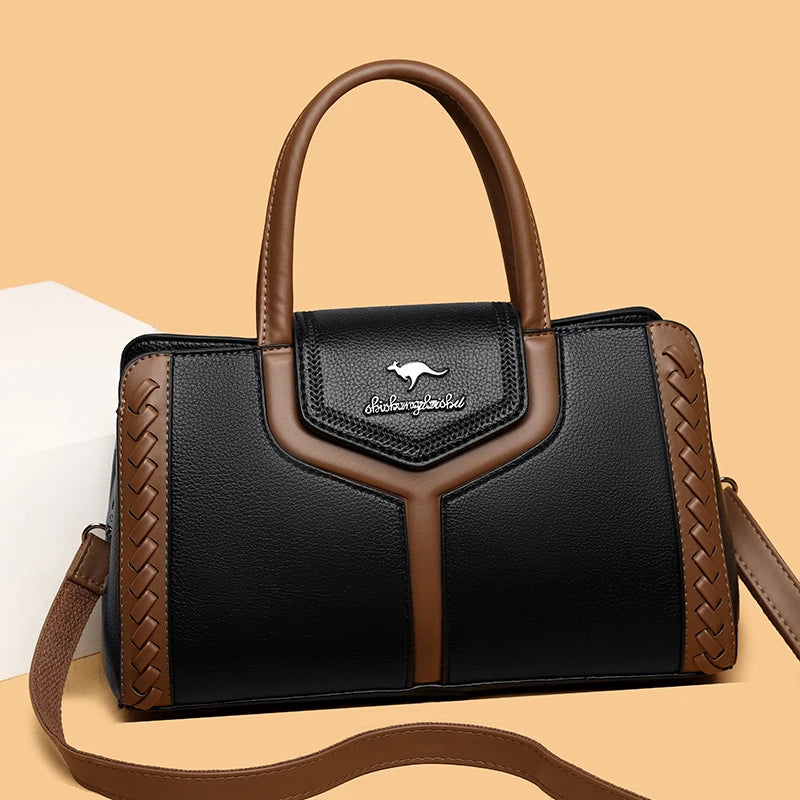 Two Color Genuine Soft Leather 3-layer Top-Handle Bag