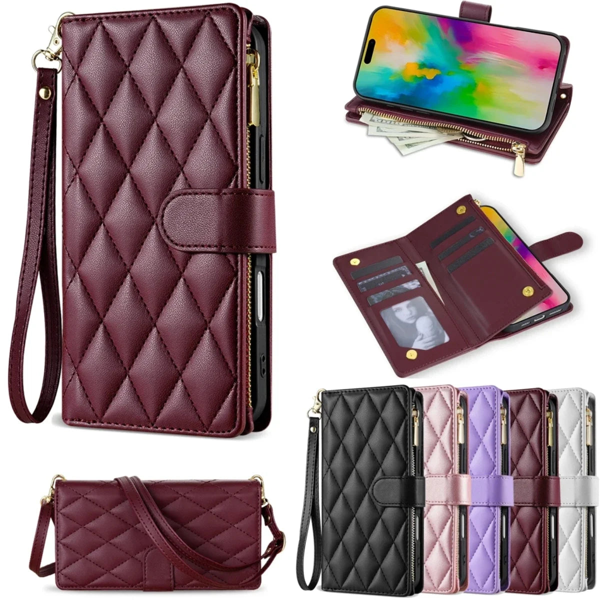 Samsung Galaxy Crossbody Leather Case with Zipper Wallet & Card Holder