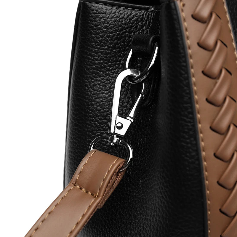 Two Color Genuine Soft Leather 3-layer Top-Handle Bag