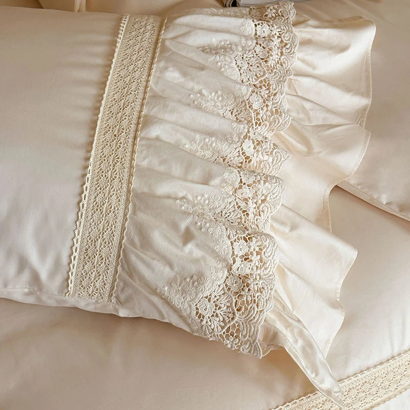 Elegant French Lace Ruffle Bedding Set 100% Cotton