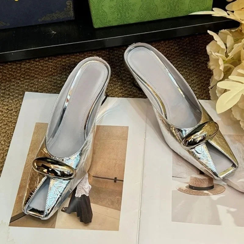 Square Toe Metal Buckle Wedge Retro Baotou Women's Sandals
