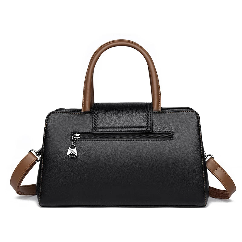 Two Color Genuine Soft Leather 3-layer Top-Handle Bag