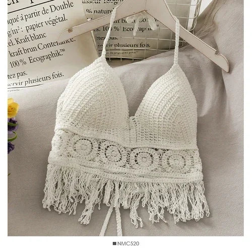 Retro Hollow Tassel Spaghetti Strap Crop Top
