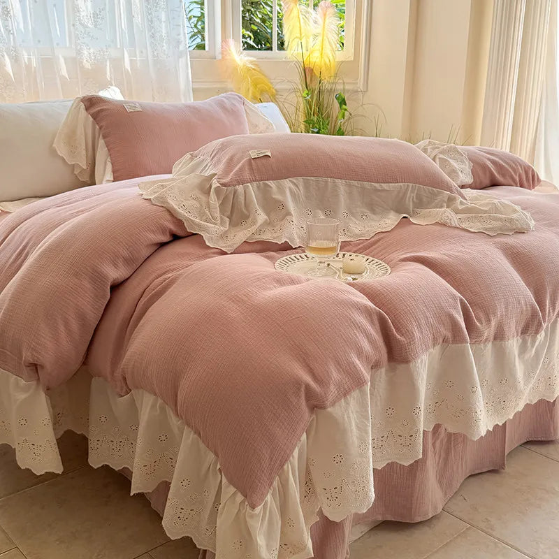 Elegant Wide Lace Solid Bedding Set