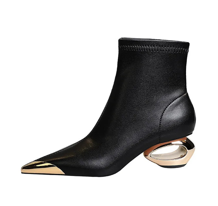 Metal Pointed Toes Ankle  Boots With Hollow Heel Iron Head