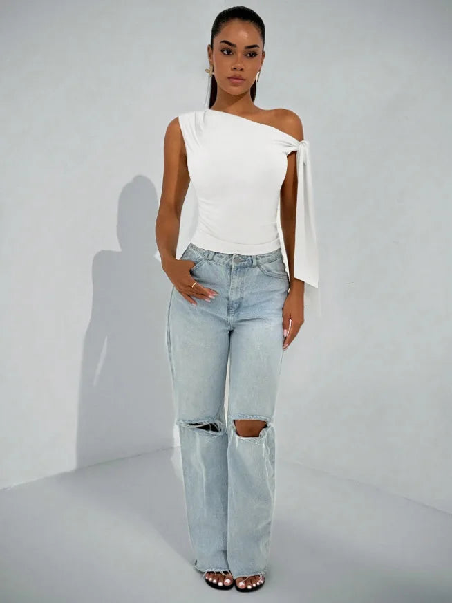 Women’s Elegant Sleeveless Slim Fit Top with Knot Necktie