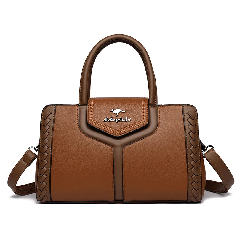 Two Color Genuine Soft Leather 3-layer Top-Handle Bag