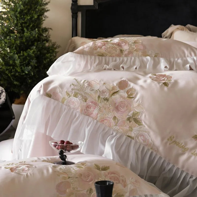 Beautiful Flowers Embroidery Ruffle Bedding Set 100% Cotton