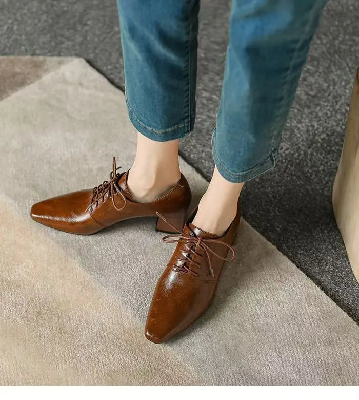 Women’s Square Toe Chunky Heel Leather Loafers