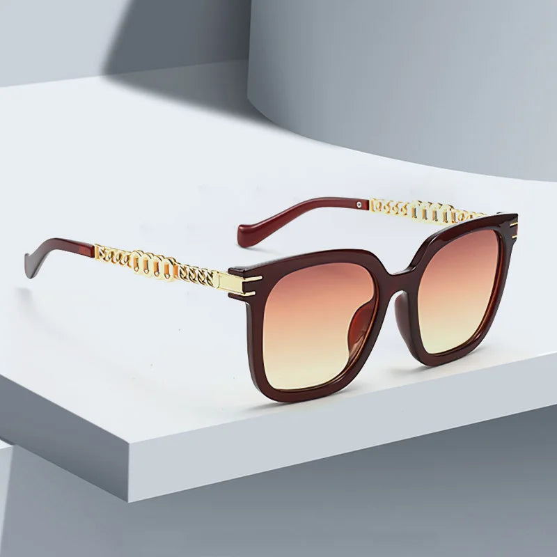 Vintage Golden Chain Embellished Black Square Sunglasses