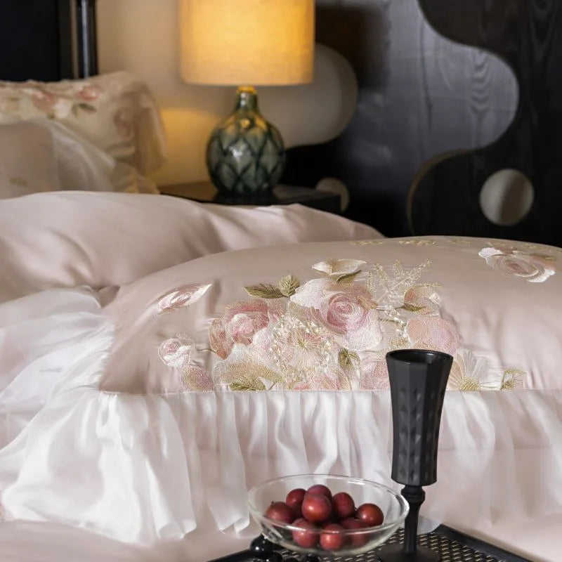 Beautiful Flowers Embroidery Ruffle Bedding Set 100% Cotton